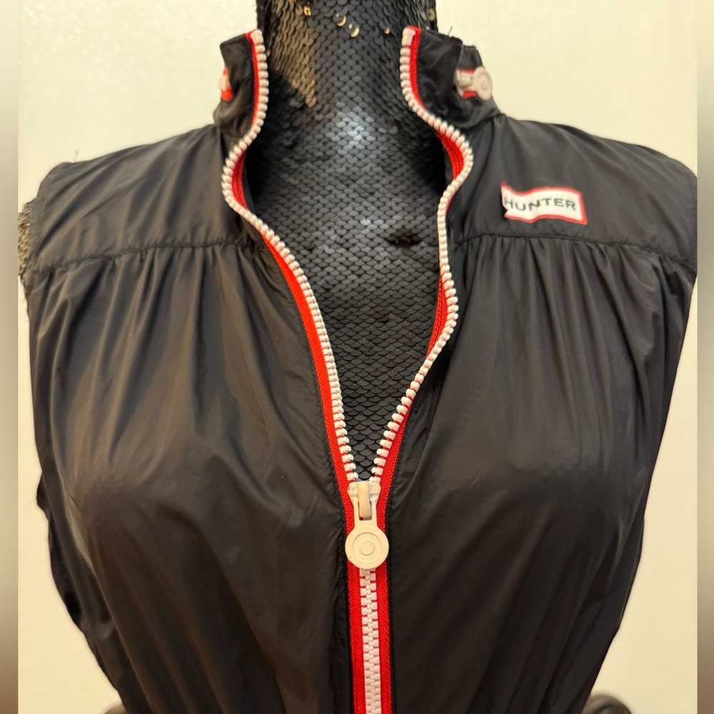 Hunter Black Nylon Windbreaker Sleeveless Dress with Red Zipper & Packable Hood - Picture 4 of 9